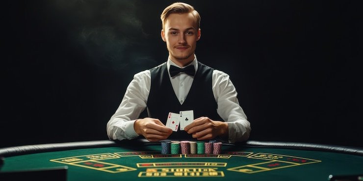 Live dealer presenting Caishen Wins table with card shoe and betting layout