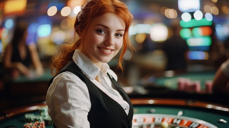 Live blackjack table broadcast from Evolution Gaming studio showing dealer, cards, and multi-camera feed